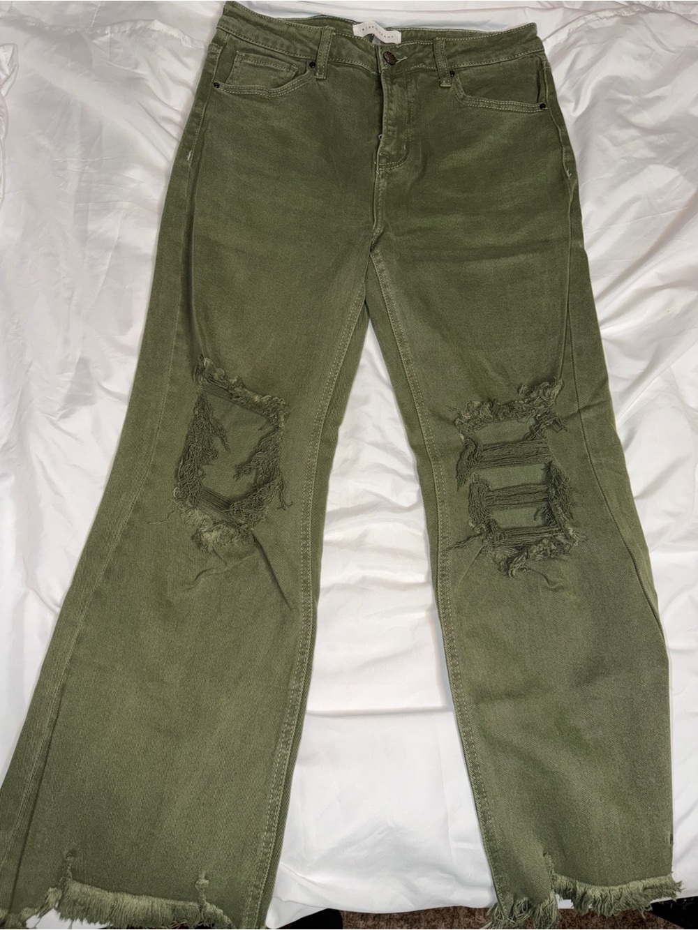 Risen Olive Green Wide-Leg Distressed Jeans with Frayed Hem - Picture 4 of 6